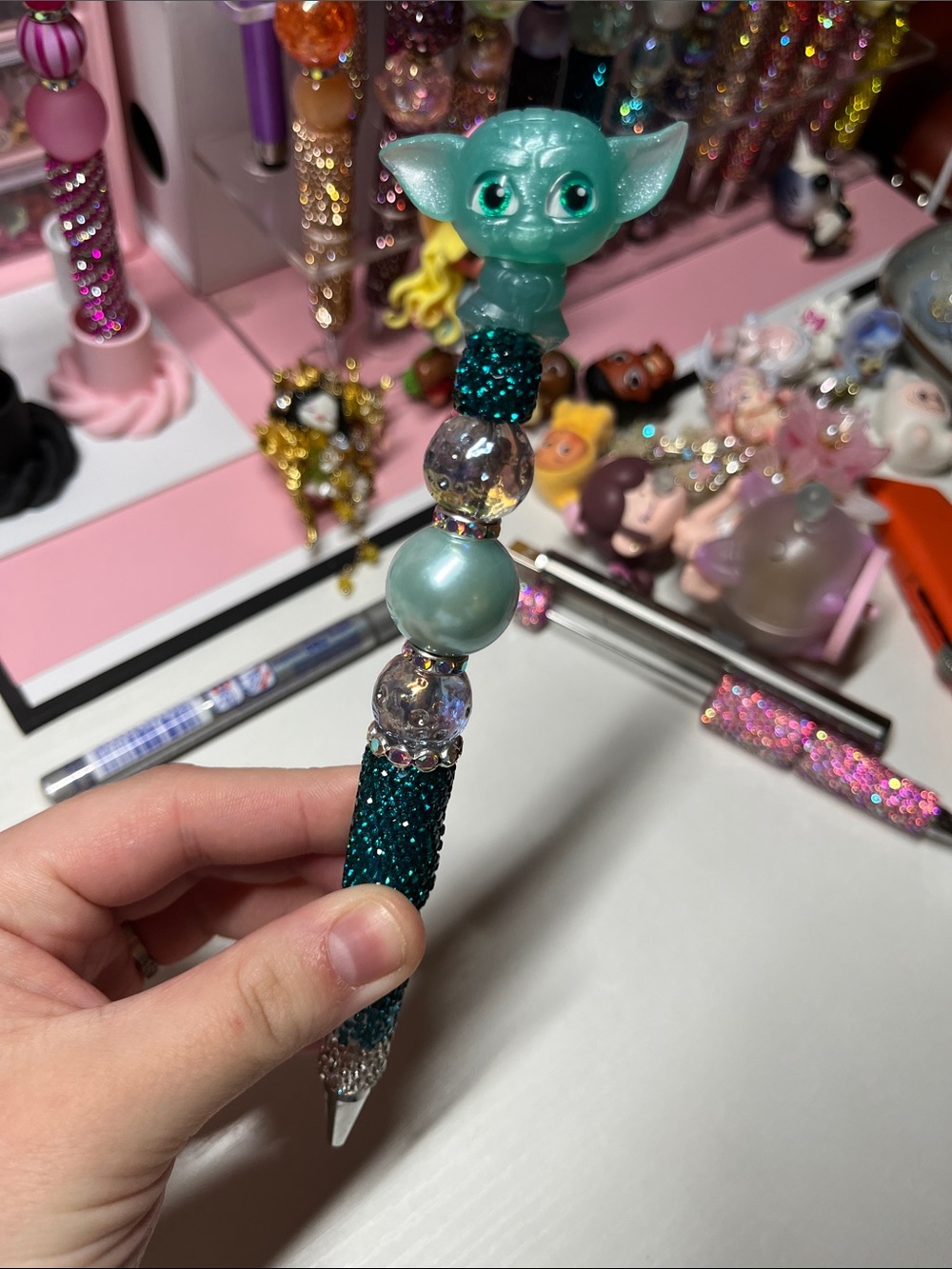 Teal Baby Yoda Beaded refillable beaded pen